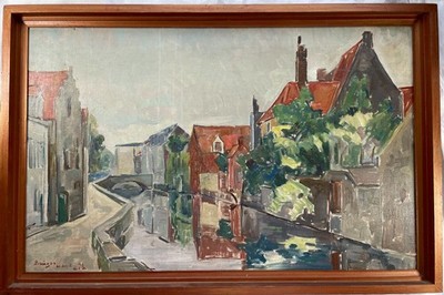 Gemälde Stadt Kanal Gracht Szene mit Brücke -  Brügge / Bruges Belgien CTA 1936