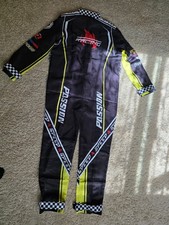 Kids Race Car Driver Costume Size L 54 57 in Black Jumpsuit Hat Flags