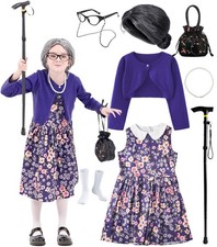 100 Days of School Old Lady Costume for Kids Girls,100th Day Old Lady Wig Granny