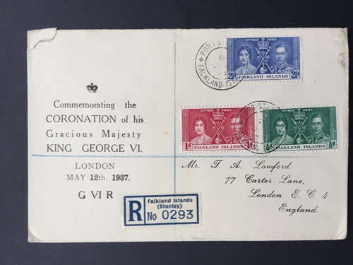FALKLAND ISLANDS 1937 CORONATION SET ON REG FIRST DAY COVER TO GB