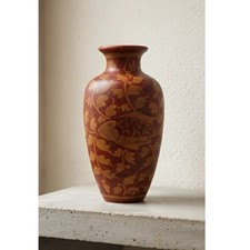 Hand-Painted Thai Stoneware Vase  Rustic Fish  Vine Motif