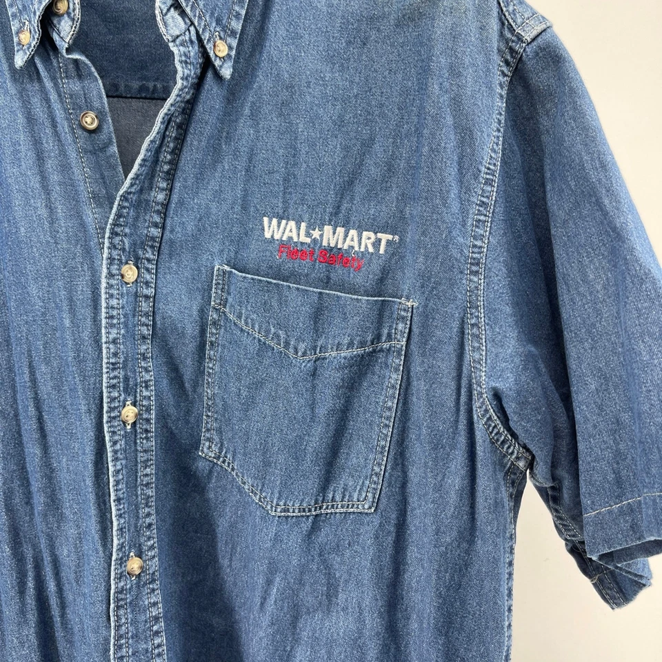 Vintage Walmart Denim Shirt Mens Large Blue Button Up Embroidered Logo - Image 2 of 4