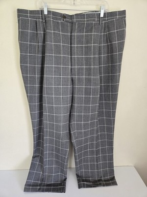 Berle Men's 100% Wool Gray Plaid Pleated Cuffed Dress Pants 48 x 30 FREE SHIP