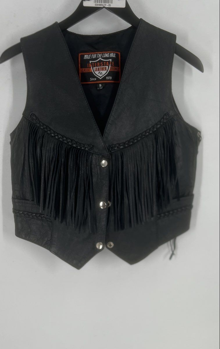 Interstate Womens Black Leather Sleeveless Snap Front Motorcycle Vest Size Small