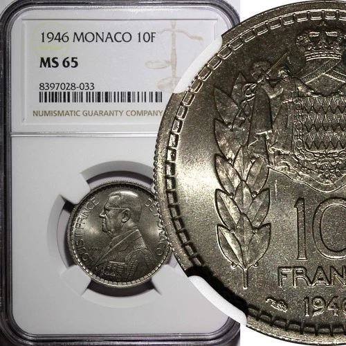 Monaco Louis II 1946 10 Francs NGC MS65 Paris Mint 1 GRADED HIGHEST KM# 123 (33)