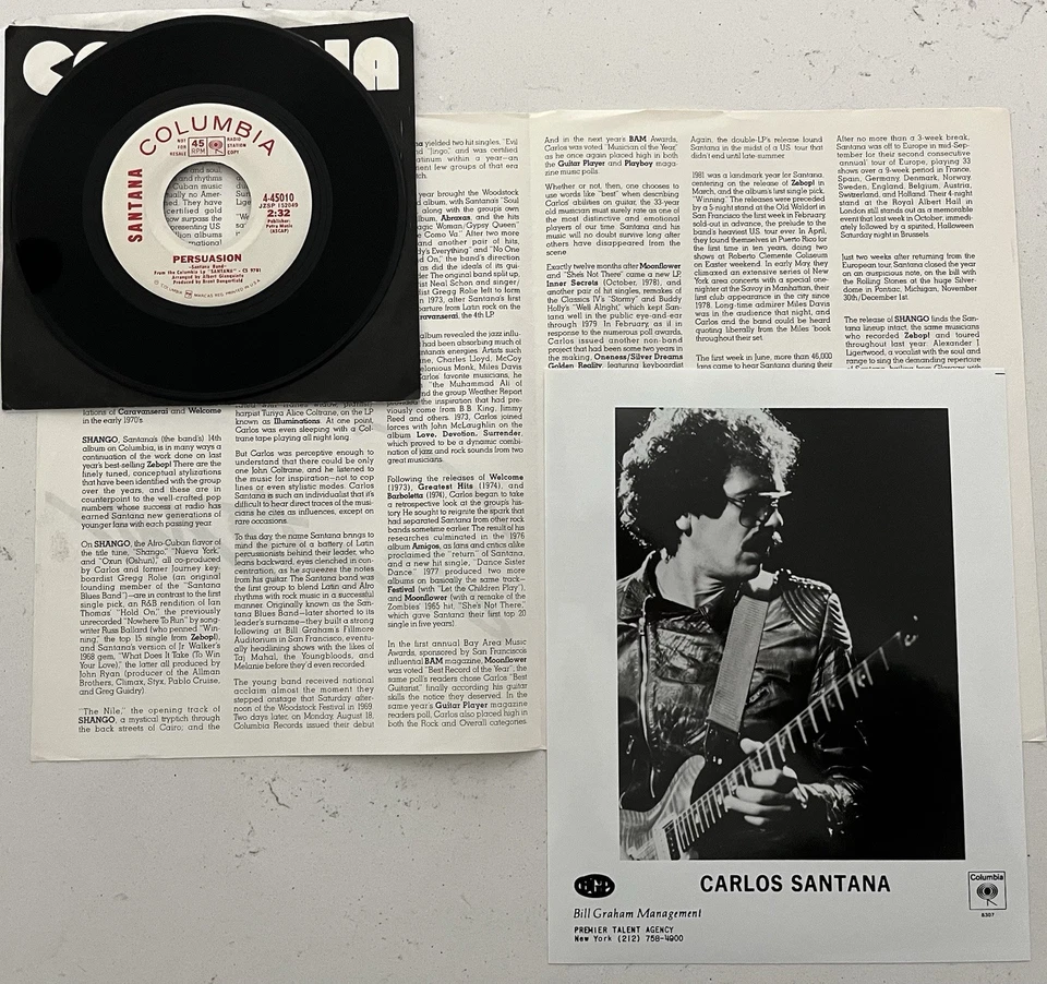 Santana~Jingo/Persuasion/Promo 45-Mint Vinyl/MLabels++Authentic Colum. Press Kit - Image 2 of 2