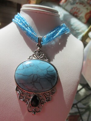 GENUINE HOWLITE PENDANT 5 STRAND MICRO MINI BLUE BEAD 21'' NECKLACE