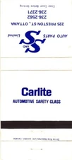 Ottawa Canada Carlite Automotive Safety Glass Auto Parts Vintage Matchbook Cover