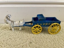 Vintage Cast Iron Blue Yellow "Express" Goat Ram Pulling Wagon Toy