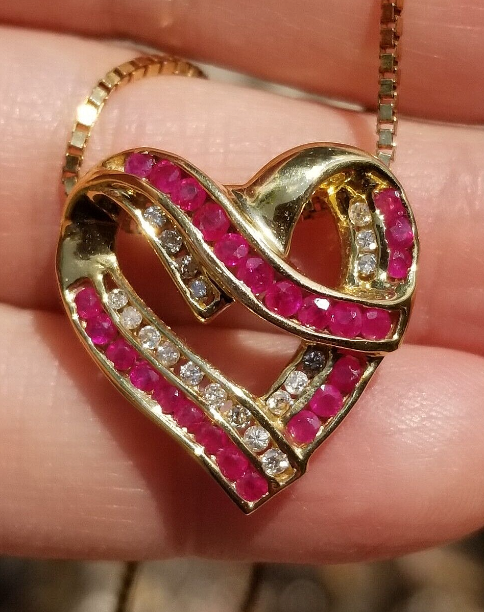 Vintage Ruby Diamond Heart Channel Set Pendant Chain 14k yellow gold