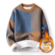 Mens Knitted Knitwear Sweater Round Neck Lined Winter Color Block Long Sleeve sz