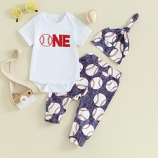 Baby Boy Baseball Outfits ONE Short Sleeve Romper Pants Hat Set Birthday Outfits
