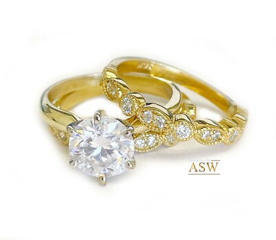 14k Solid Yellow Gold Round F1 Moissanite Engagement Ring And Two Bands 2.75ct