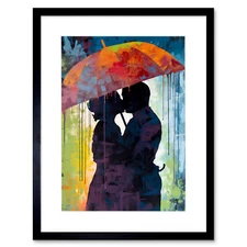 Silhouette of a Couple Kissing Under an Umbrella Framed Art Print Picture 12X16