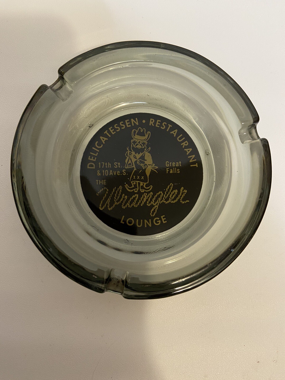 Vintage Great Falls Montana Glass Ashtray The Wrangler Lounge.   EB17
