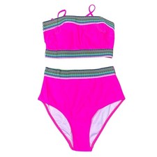 Women's Hot Pink Bikini Set Rainbow Stitch High Waisted 2 Piece Swimsuit Size XS