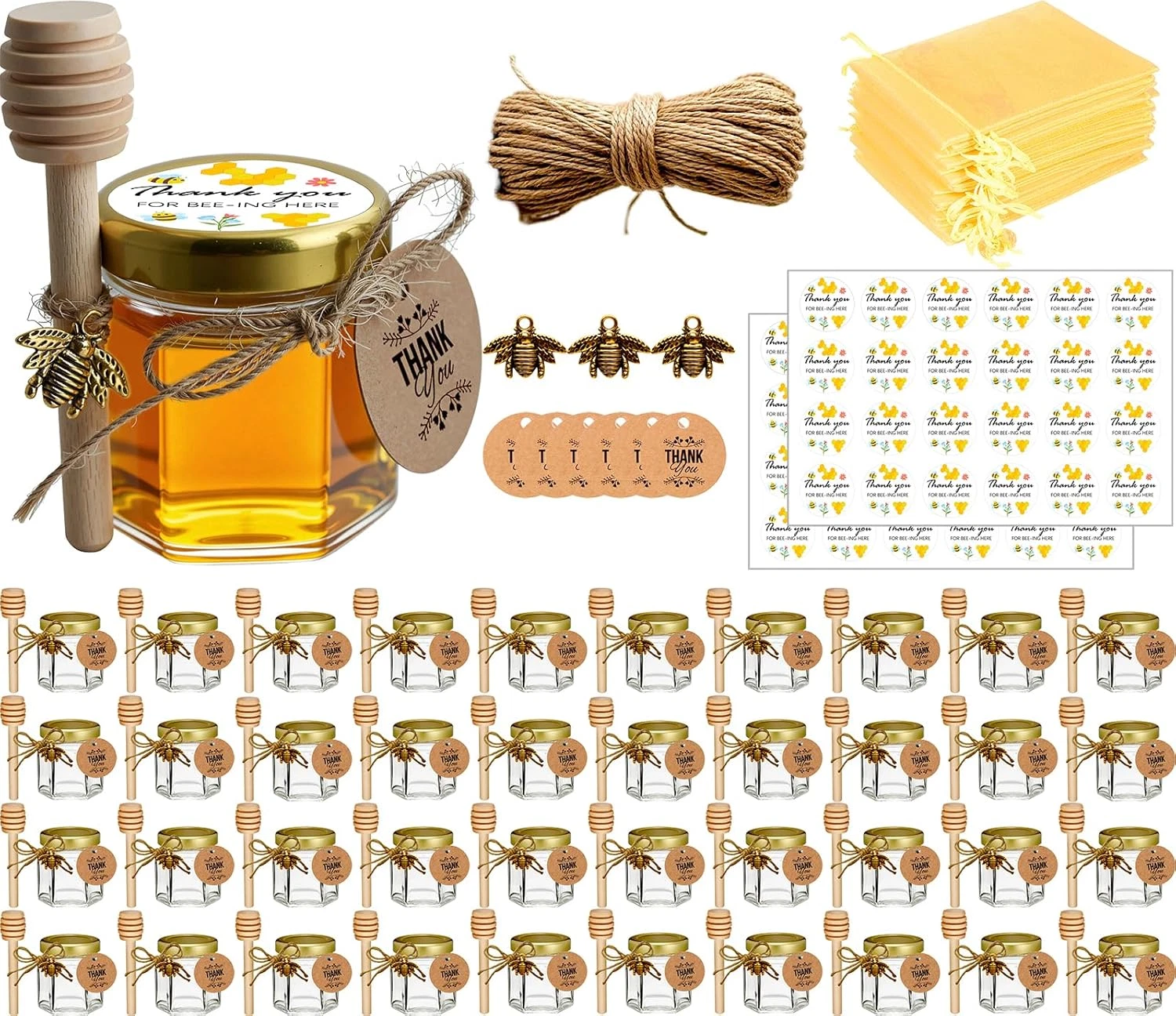 Honey Pot, Glass Honey Jars, Small Honey Jars with Wooden Dippers, Bee Charms, G