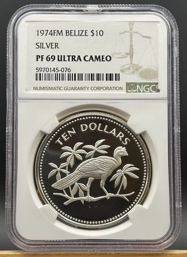 1974 Belize Silver NGC  Proof 69 Ultra Cameo $10-Birds-Great Curassow