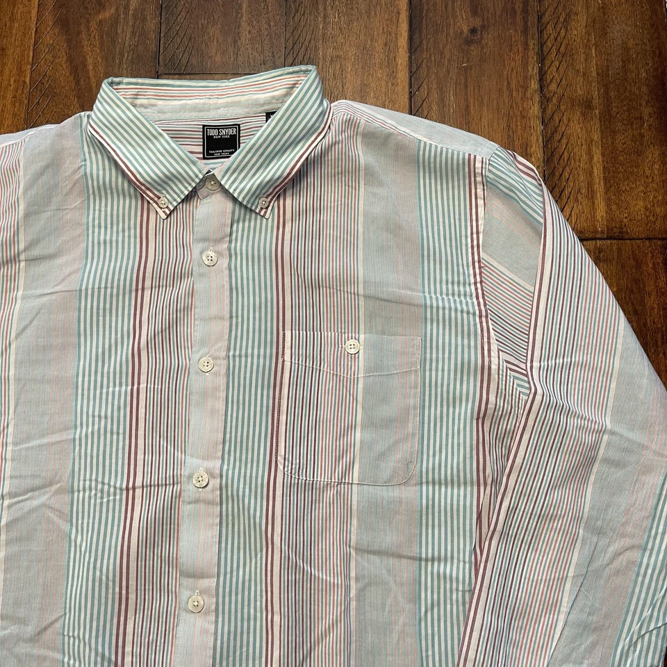 Camisa masculina Todd Snyder 2XL azul listra vermelha botão para baixo algodão feita em Portugal - Imagem 3 de 4