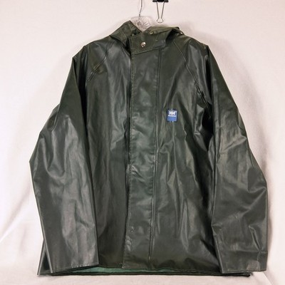 Helly Hansen Mens Hooded Rain Jacket Coat Large Green Snaps Pockets Fishing