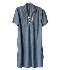 GAP Maternity Denim SS Dress Sz Small Lace Up Neck Coastal Western Boho