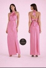 MINKPINK Pink Long Dress Large Satin Silky Halter Tie Neck W High Slit NEW $180