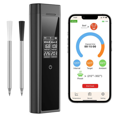 Wireless Meat Thermometer, Digital, 2 Probes, Bluetooth, IP67 - BBQ, Grill, Oven