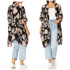 Angie Black Floral Shawl Kimono Size M