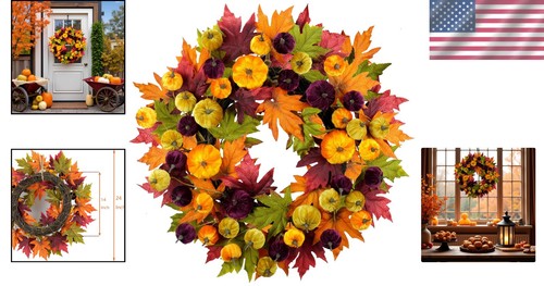 Premium 24" Autumn Wreath: Maple Leaves & Pumpkins with Fairy Lights - Picture 2 of 11