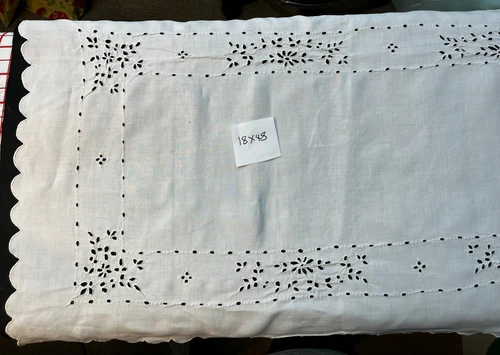Vintage White Linen Cut Work Embroidered Table Runner/Dresser Scarf 18x48