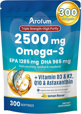 Omega 3 Fish Oil with Vitamin D3 K2, Lemon Burpless Softgels, 300 Ct