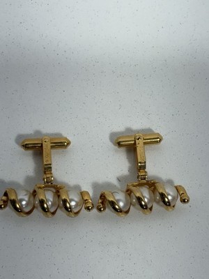 Destino Signed Toggle Cufflinks w/ 3 CAGED PEARLS in Spiral Cuff Links Gold Tone