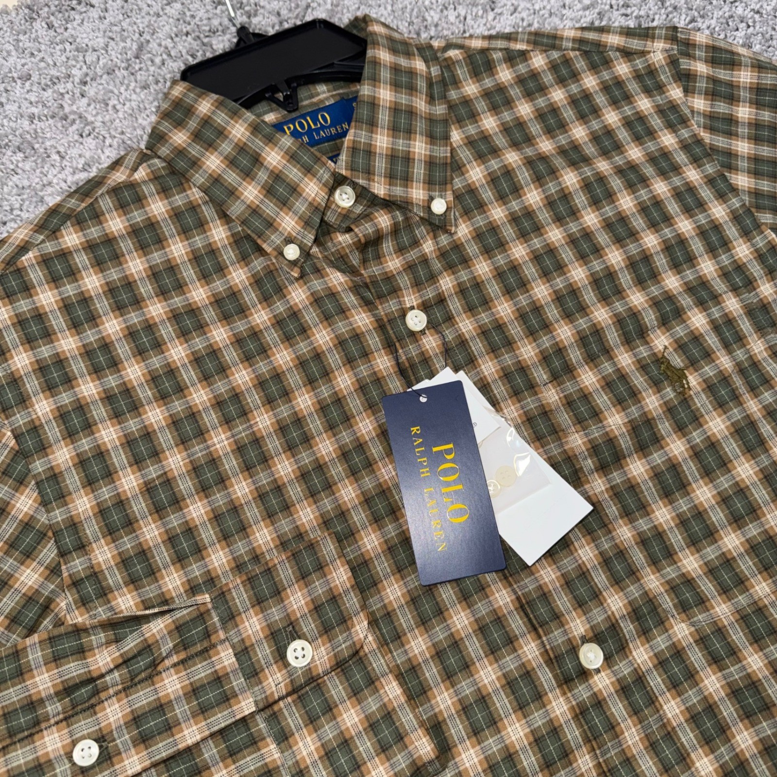 Polo Ralph Lauren Button Down Shirt Mens Plaid Classic Fit Green Tan Small NEW