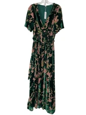 NWT  Baltic Born Green Floral Velvet V Neck Burnout Uma Maxi Dress Size Medium