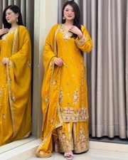 Launching New Yellow Chinnon Silk Top Palazzo With Dupatta For Engagement Wear