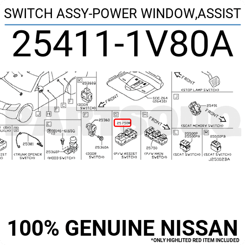 254111V80A Genuine Nissan SWITCH ASSY-POWER WINDOW,ASSIST