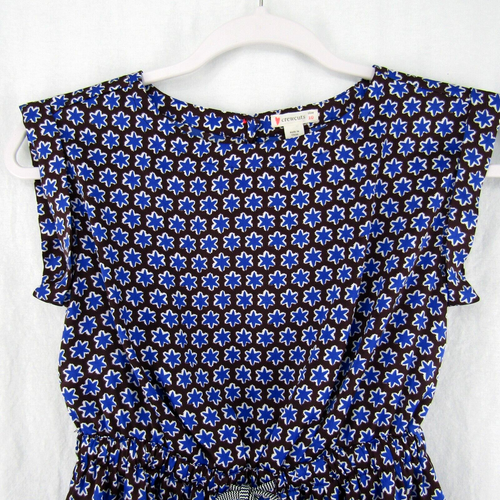 Crewcuts J Crew Brown Blue Star Floral Dress Girls Size 10 Drawstring Waist - Picture 2 of 11