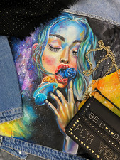 Women hand painted denim jacket Space girl Designer Handmade Size S, M, L