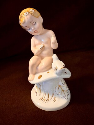 Rare Royal Dux figurine 925: Baby on mushroom holding flute with bird. 