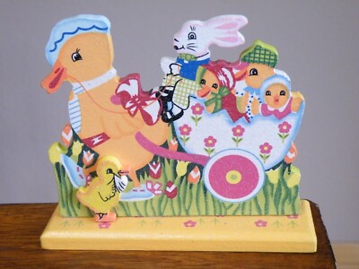EASTER SPRING Wood Cut Painted EASTER Stand  Duck Wagon Bunny Chicks Free Ship