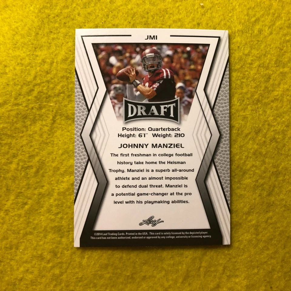 Tarjeta de novato Johnny Manziel, 2014 Leaf Draft Pick, NFL SILVER, JM1 como nueva Foto 2 de 2