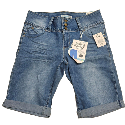 YMI Jean Shorts Womens 7 Blue Denim Bermuda Mid Rise Flat Front Stretch Y2K NWT