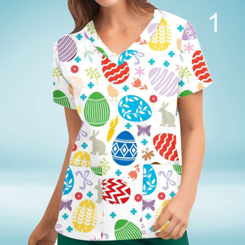 Día de Pascua Mujeres Conejito Estampado Uniforme Médico Enfermería Prendas para el torso Exfoliante Camisa de Conejo - Imagen 2 de 21