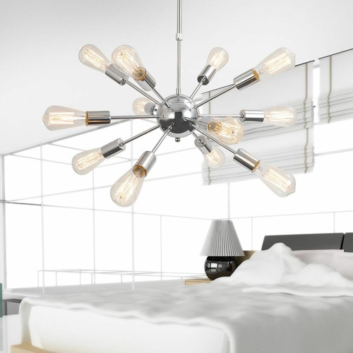 Chrome Laiton Lustre Finition Chromée 12 Bras Suspendue Plafond Luminaire - Photo 2 sur 2