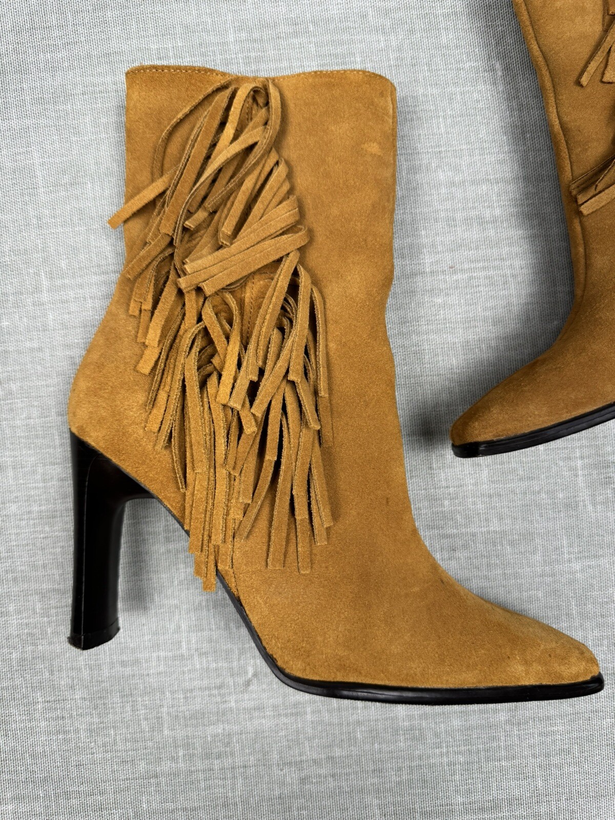 Brown Suede Fringe Ankle Boots Y2K Boho Chic Western Cowgirl Square Toe 90s US 6
