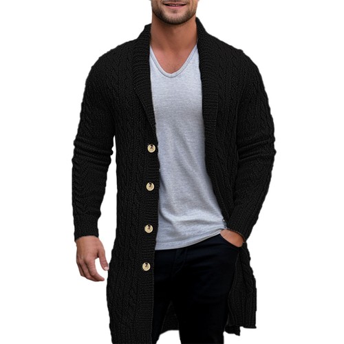 Men's Button Up Plain Shawl Midi Sweater Coat Cardigan Chunky Knit Long Sleeve - Picture 8 of 24