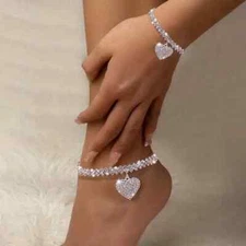 Anklet & Bracelet Set Luxury Fashion Glitter Rhinestone Heart Love Women Silvery