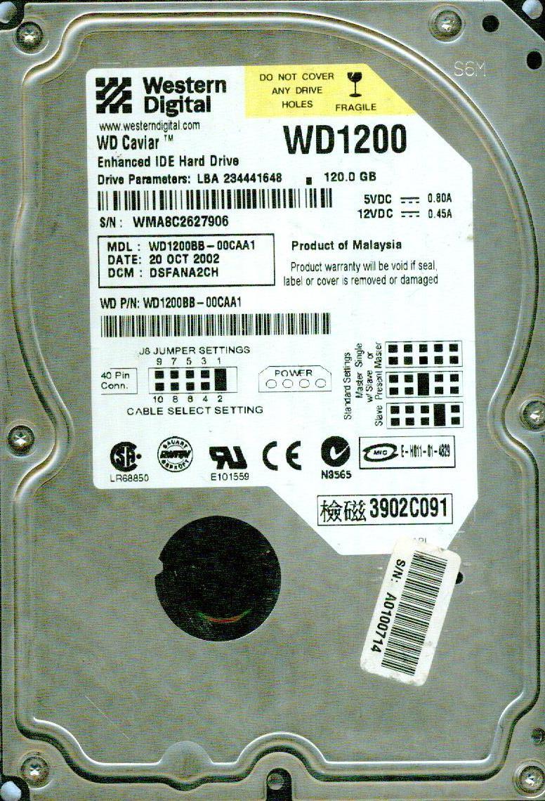 WD1200BB-00CAA1, DSFANA2CH, WESTERN DIGITAL IDE 120GB WMA8, OCT