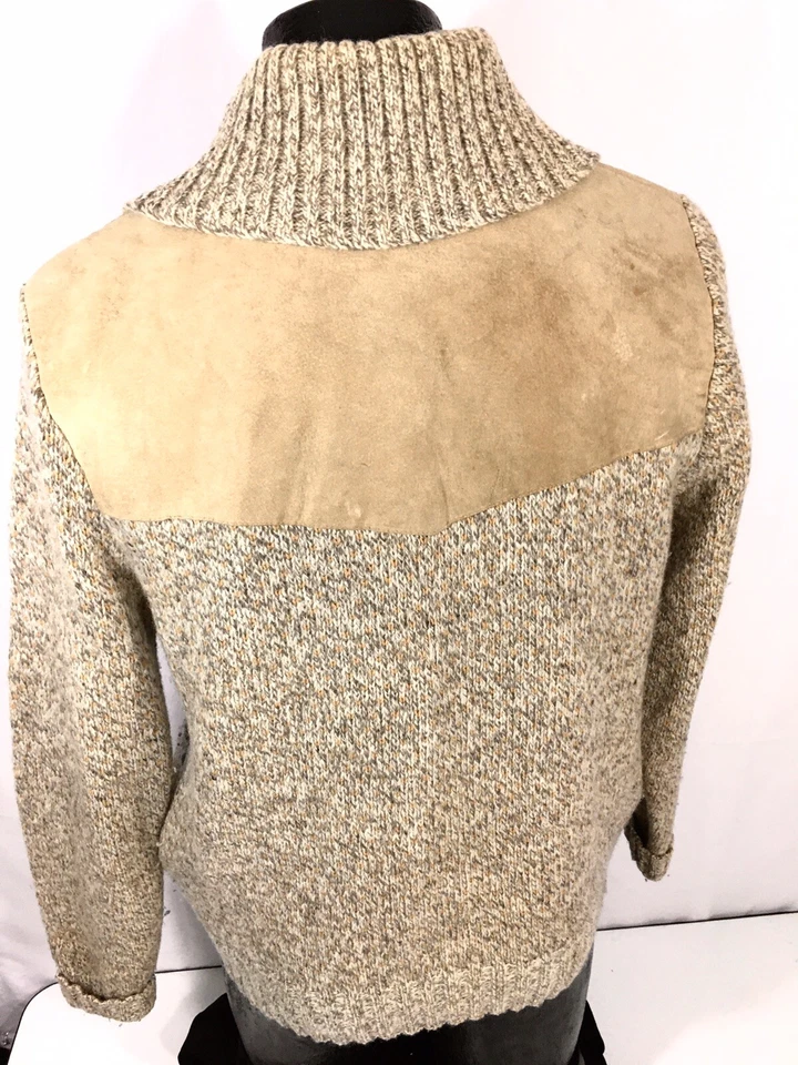 Vtg NORDIC Western SUEDE Leather Wool Knit ROCKABILLY Sweater Shawl Cardigan M - Image 4 of 4