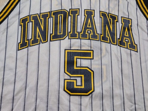 Maglia vintage Champion Jalen Rose #5 Indiana Pacers bianca gessato taglia 44 - Foto 2 di 11